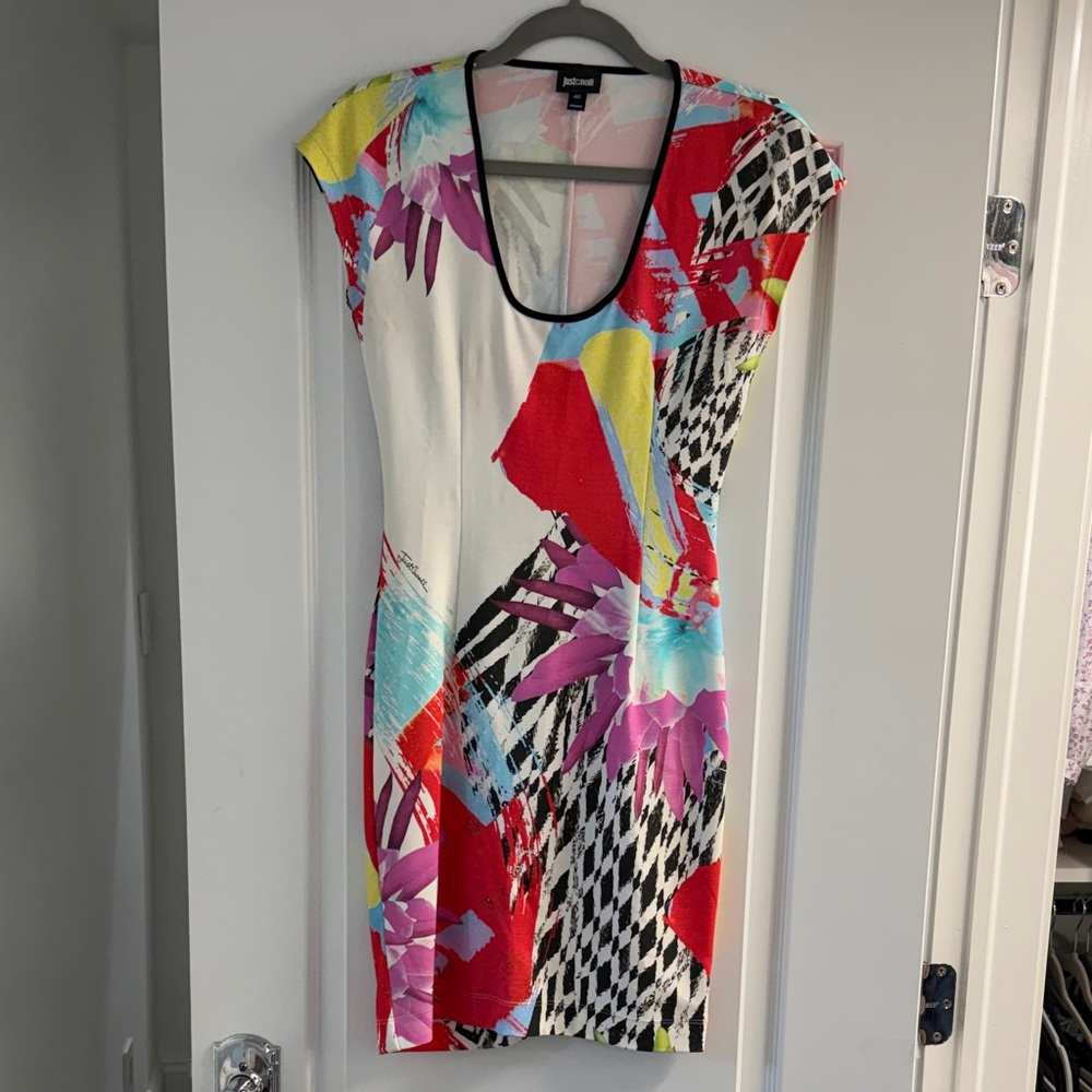 Just Cavalli White Multicolor Abstract Scoop Neck Midi Dress